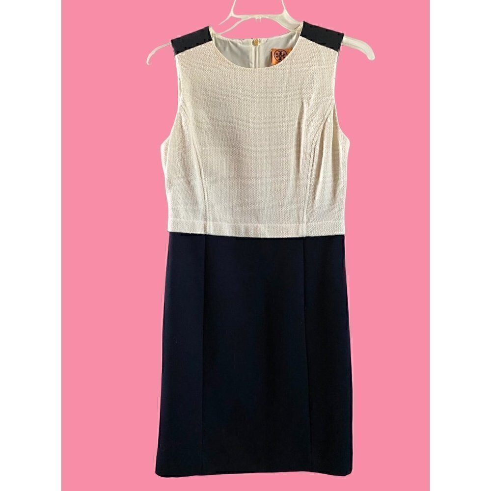 Tory Burch Tweed Wool Sheath Dress 10 Black Ivory Shift Bouclé Style
